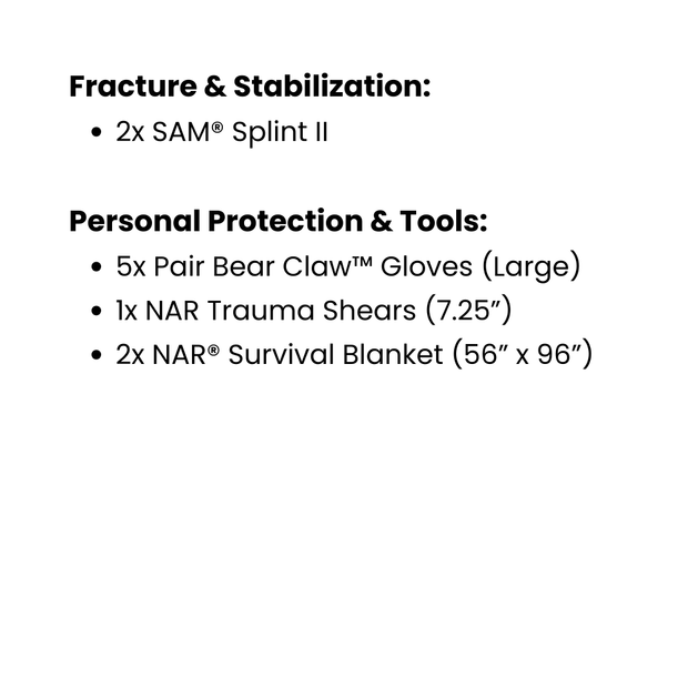 List of medical supplies with quantities and types on a white background