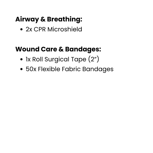 List of medical supplies including CPR microshields, surgical tape, and fabric bandages on a white background.