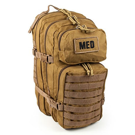 Front view of closed EFA Tactical Trauma Kit in a compact multicam MOLLE pouch with cross patch identifier. Designed for quick access in tactical, emergency, or survival situations. Color tan