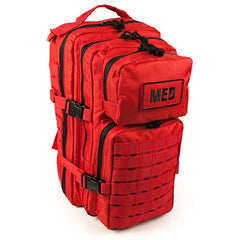 Front view of closed EFA Tactical Trauma Kit in a compact multicam MOLLE pouch with cross patch identifier. Designed for quick access in tactical, emergency, or survival situations. In red color