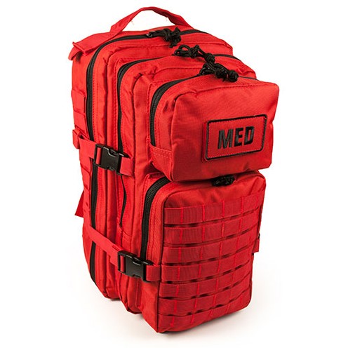 Front view of closed EFA Tactical Trauma Kit in a compact multicam MOLLE pouch with cross patch identifier. Designed for quick access in tactical, emergency, or survival situations. In red color