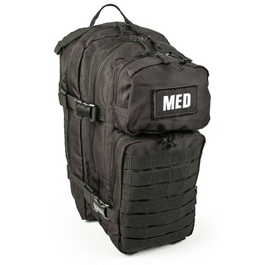 Front view of closed EFA Tactical Trauma Kit in a compact multicam MOLLE pouch with cross patch identifier. Designed for quick access in tactical, emergency, or survival situations. Color black