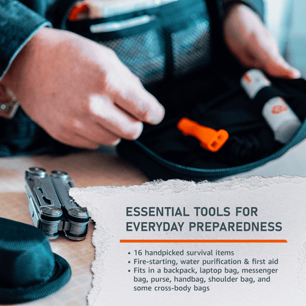 Every Day Carry (EDC) Kit with 16 essential survival tools for everyday preparedness and emergencies.