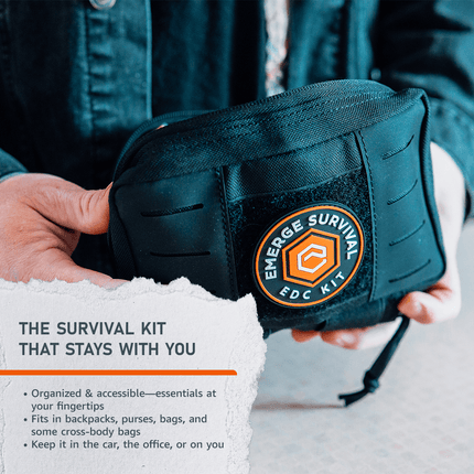 Every Day Carry EDC Kit compact survival pouch being held, designed for everyday emergencies and easy transport.