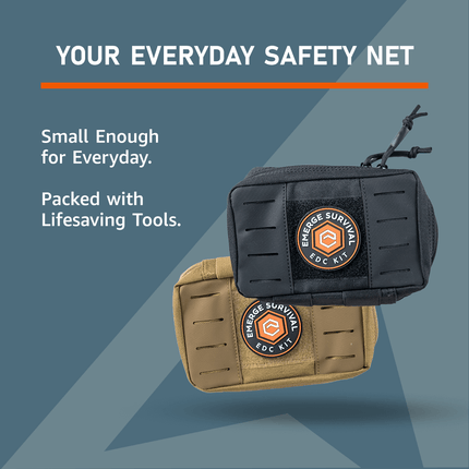 Every Day Carry EDC Kit shown in black and tan, highlighting compact survival tools for daily preparedness.