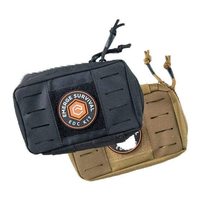 Every Day Carry (EDC) Kit pouches in black and tan, showcasing a compact survival system for everyday readiness.