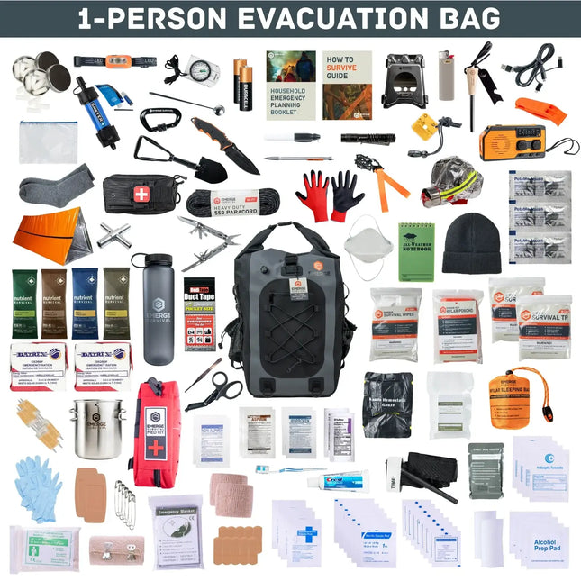 The Emerge Evacuation Bag packed with essential survival gear for a one-person evacuation.