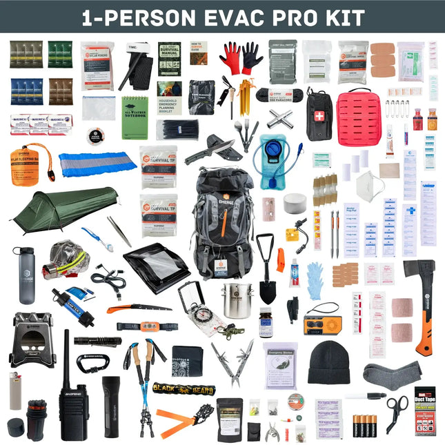 Comprehensive 1-Person Evac Pro Kit featuring essential survival gear and tools for emergency situations.