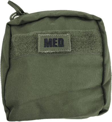 Compact green first aid pouch labeled 'MED' designed for individual trauma kits.