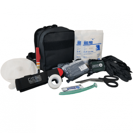 Enhanced Individual First Aid Kit (IFAK) with tourniquet, chest seals, and medical supplies for emergency response.