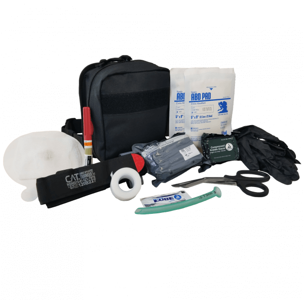 Enhanced Individual First Aid Kit (IFAK) with tourniquet, chest seals, and medical supplies for emergency response.