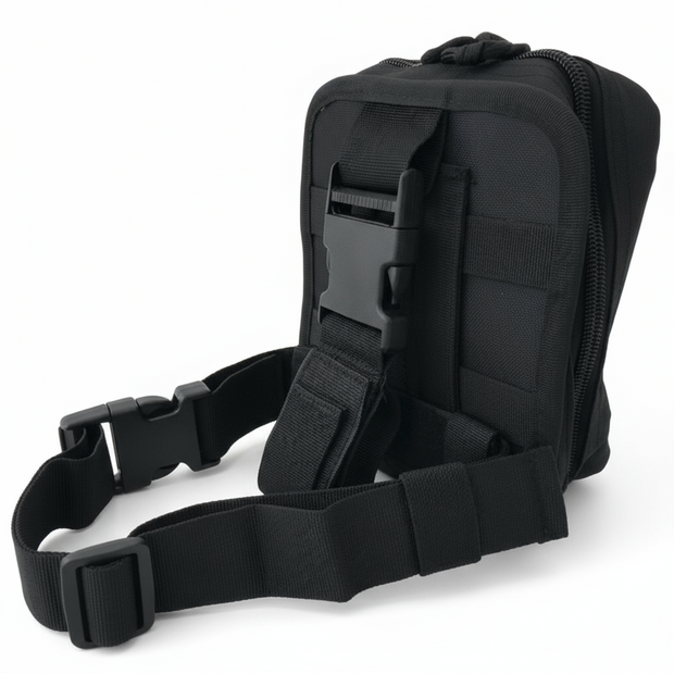 Black tactical pouch designed for carrying an enhanced individual first aid kit securely in demanding environments.