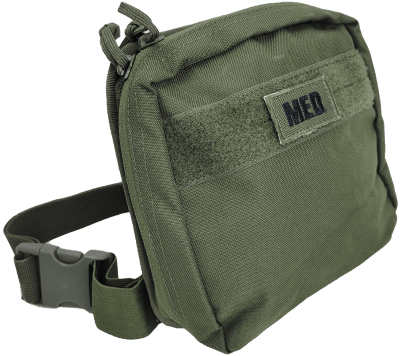 Compact green first aid kit pouch with a strap, labeled 'MED', designed for emergency medical supplies.