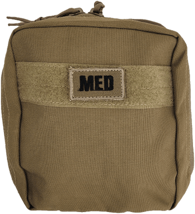 Compact tactical first aid kit in tan with a 'MED' patch, designed for quick access to medical supplies.