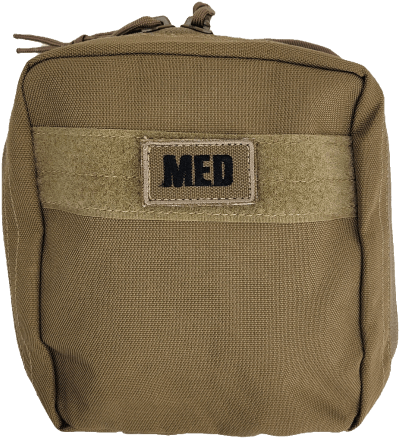 Compact tactical first aid kit in tan with a 'MED' patch, designed for quick access to medical supplies.