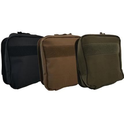 Three compact tactical bags in black, tan, and olive green for first aid kits or gear storage.