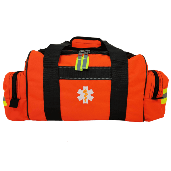 Bright orange first responder jump bag with reflective stripes and EMT star emblem, designed for emergency situations.