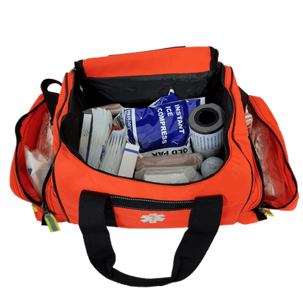 Open first responder jump bag filled with medical supplies for emergency situations.