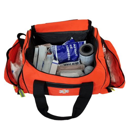 Open first responder jump bag filled with medical supplies for emergency situations.