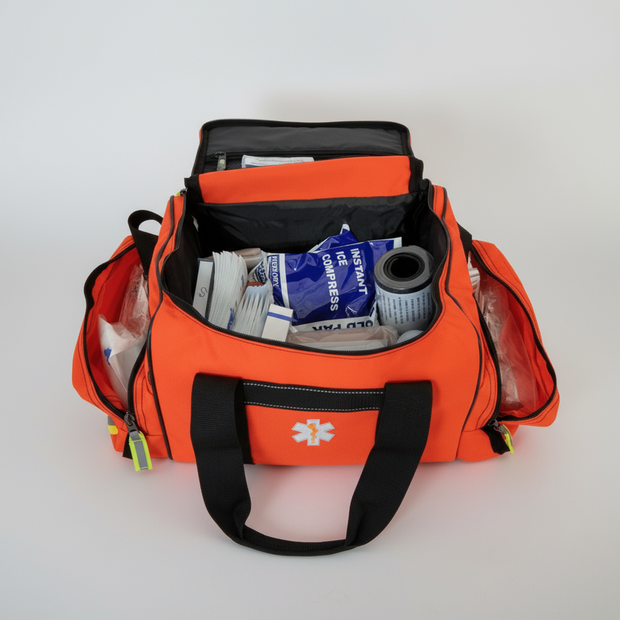 Open first responder jump bag filled with medical supplies for emergency situations.