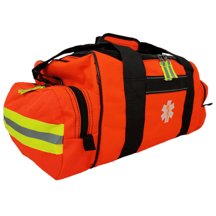 Bright orange first responder jump bag with reflective stripes and emergency medical logo for quick access and transport.