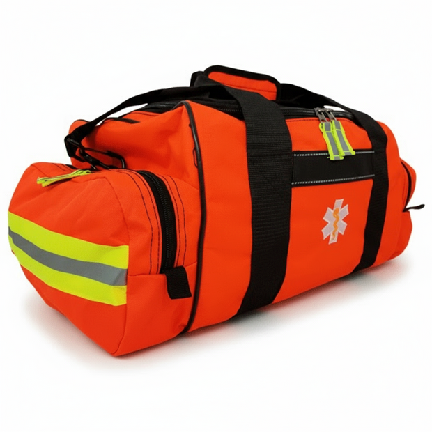 Bright orange first responder jump bag with reflective stripes and emergency medical logo for quick access and transport.