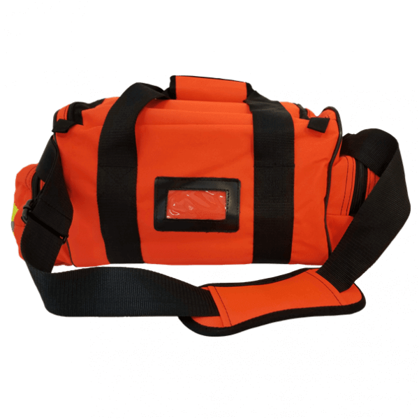 Durable orange first responder jump bag with handles and shoulder strap for easy transport and rapid deployment.