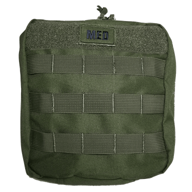Green MOLLE IFAK pouch with Velcro patch for medical supplies, designed for tactical first aid kits.