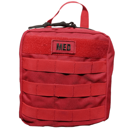 Red medical pouch with MOLLE straps and 'MED' patch for secure first aid kit storage.