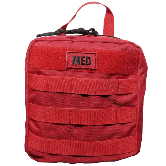 Red medical pouch with MOLLE straps and 'MED' patch for secure first aid kit storage.