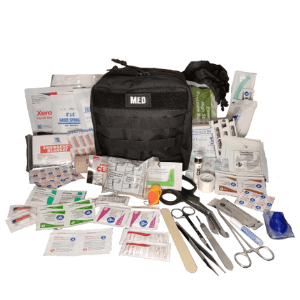Comprehensive ELITE General Purpose First Aid Kit - Pro with medical supplies, tools, and tactical bag for preparedness.