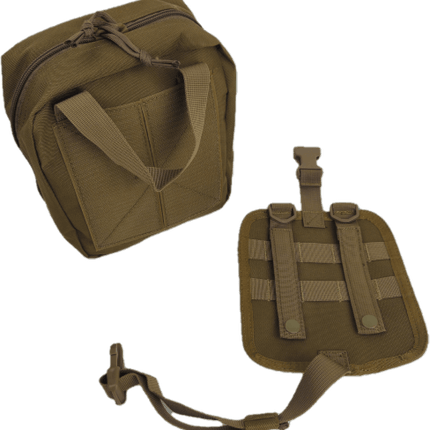 Compact general purpose first aid kit with MOLLE attachment and detachable mounting panel.