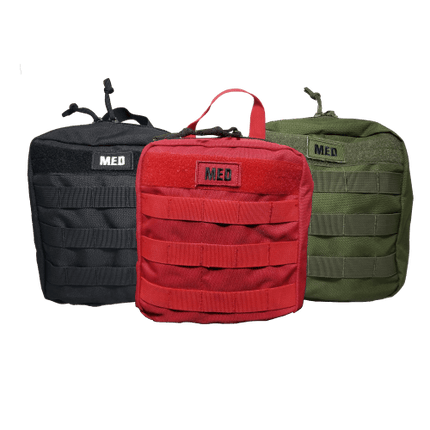 Three versatile first aid kit bags in black, red, and green with MOLLE straps designed for tactical preparedness.