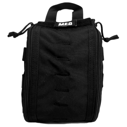 Compact black tactical medical pouch for first aid supplies with zipper and handle.