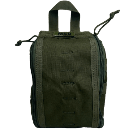 Green tactical pouch for medical supplies, featuring easy-access design and durable fabric construction.