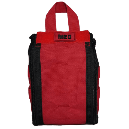 Red tactical medical bag with black zippers and handle, designed for emergency trauma kits.