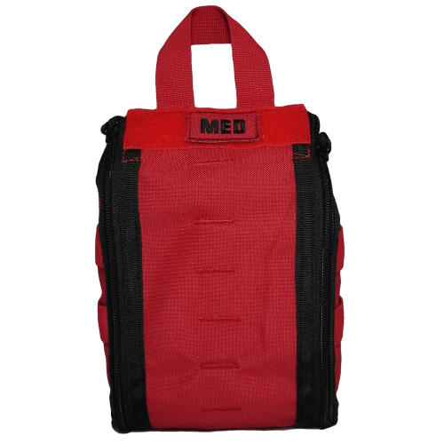 Red tactical medical bag with black zippers and handle, designed for emergency trauma kits.