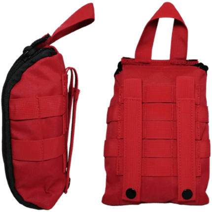 Red tactical first aid kit with MOLLE webbing and grab handle for easy access and attachment.