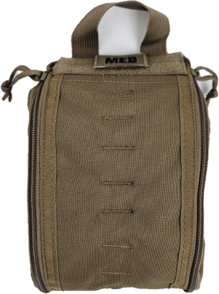 Tactical medical pouch in tan color with zipper and loop for attachment, designed for emergency preparedness.