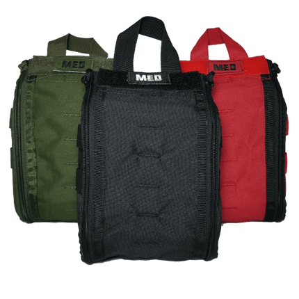 Three tactical medical pouches in green, black, and red, designed for emergency first aid kits.