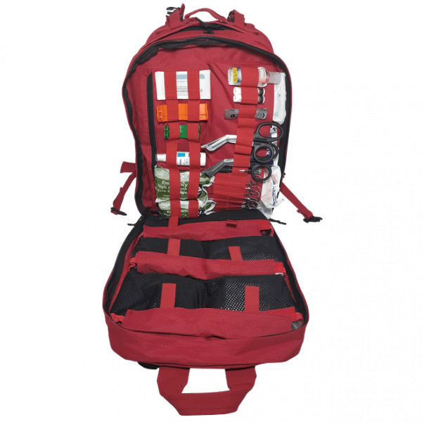 STOMP trauma backpack open view showing fully stocked first aid trauma kit with tourniquet and hemostatics for tactical use.
