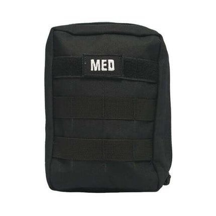 Tactical IFAK trauma kit with durable black pouch labeled 'MED', including tourniquet and hemostatic tools for first aid.
