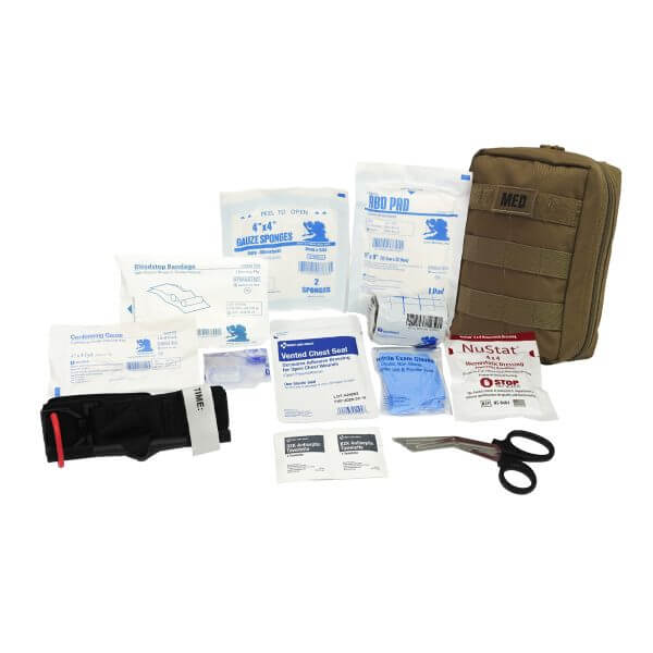 Tactical IFAK trauma kit with tourniquet, hemostatic gauze, chest seal, and scissors, designed for high-risk environments.