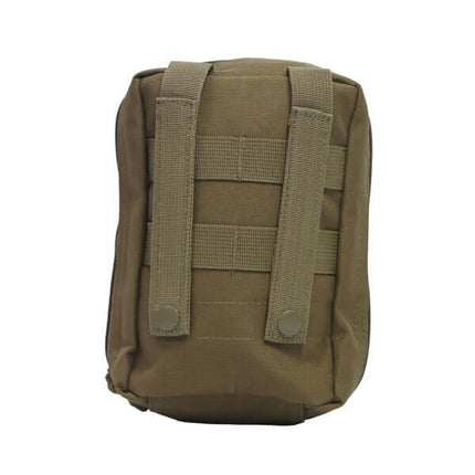 Tactical first aid trauma kit with tourniquet and hemostatics, durable nylon pouch with belt straps, designed for high-risk environments.