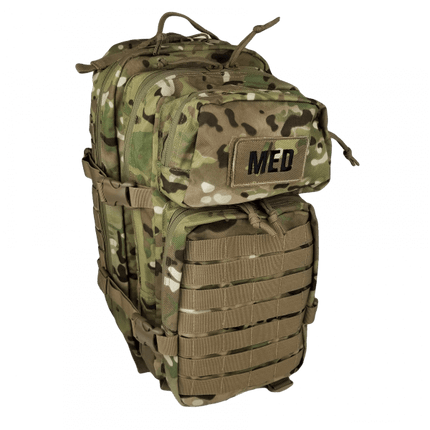 Front view of closed EFA Tactical Trauma Kit in a compact multicam MOLLE pouch with cross patch identifier. Designed for quick access in tactical, emergency, or survival situations. Color multicam / camoflauge