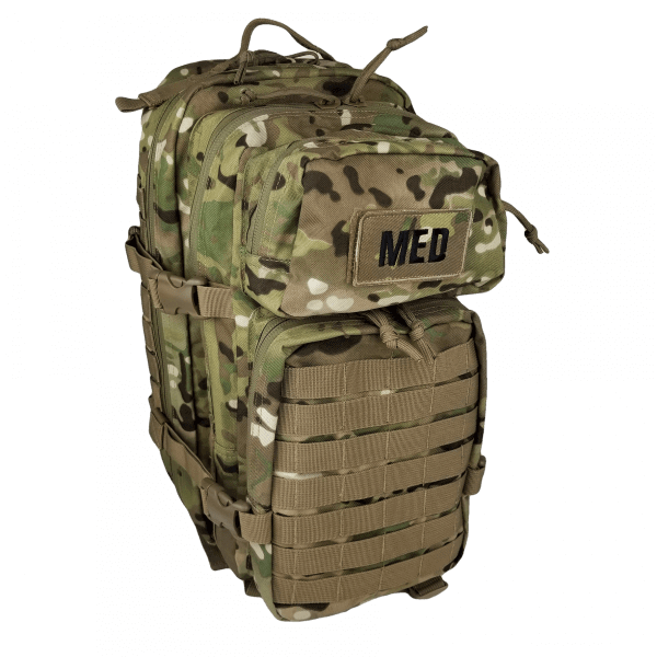Front view of closed EFA Tactical Trauma Kit in a compact multicam MOLLE pouch with cross patch identifier. Designed for quick access in tactical, emergency, or survival situations. Color multicam / camoflauge