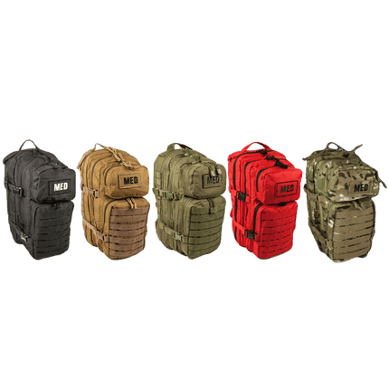 Full line up of EFA Tactical Trauma Kits - Advanced in colors black, tan, green, red, and multicam