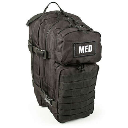 Front view of closed EFA Tactical Trauma Kit in a compact multicam MOLLE pouch with cross patch identifier. Designed for quick access in tactical, emergency, or survival situations. Color black