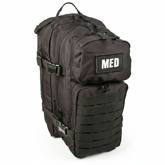 Front view of closed EFA Tactical Trauma Kit in a compact multicam MOLLE pouch with cross patch identifier. Designed for quick access in tactical, emergency, or survival situations. Color black