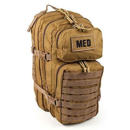Front view of closed EFA Tactical Trauma Kit in a compact multicam MOLLE pouch with cross patch identifier. Designed for quick access in tactical, emergency, or survival situations. Color tan